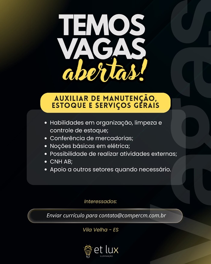 Vaga para Auxiliar de Manutenção, Estoque e Serviços Gerais